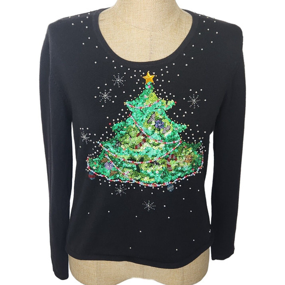 Jack B. Quick Christmas Tree Sweater Top Large Beaded Sequin Black MISSING BEADS - Picture 1 of 11